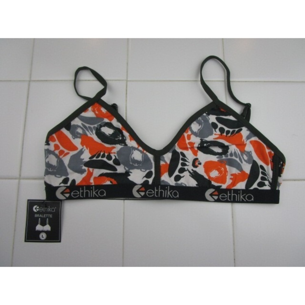 Ethika Bralette Bear Paw Prints Women's Size Large Orange Black Gray